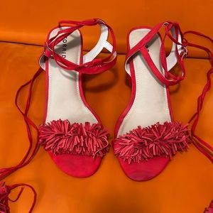 Red lace up shaggy torrid heels 10w